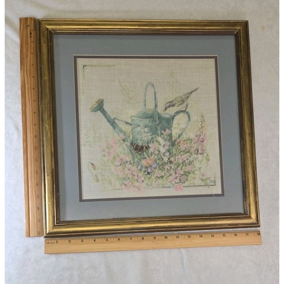 VTG 1998 Completed Needlepoint Custom Framed Bird Flowers Embroidery 18x18 - Picture 8 of 14